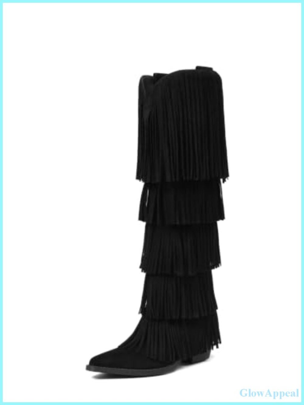 Wide Calf Knee High Western Cowboy Boots Faux Suede Fringe Pointed Toe